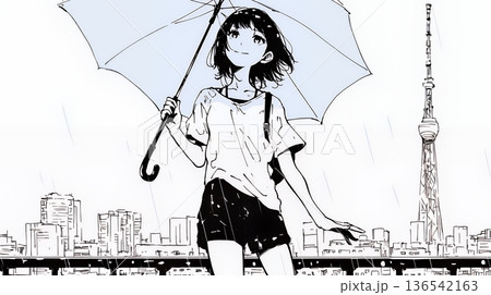 雨の日に傘をさして歩く若い女性（シンプルな色使い）
