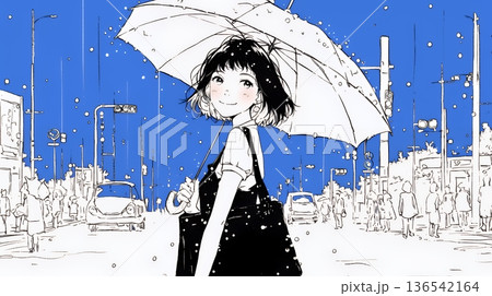 雨の日に傘をさして歩く若い女性(シンプルな色使い) 雨の日に傘をさして歩く若い女性(シンプルな色使い) 136542164