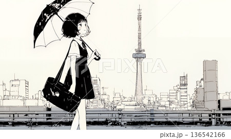 雨の日に傘をさして歩く若い女性（シンプルな色使い）