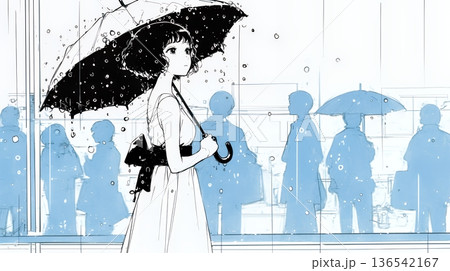 雨の日に傘をさして歩く若い女性（シンプルな色使い）