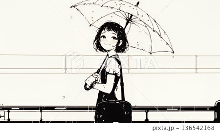 雨の日に傘をさして歩く若い女性（シンプルな色使い）