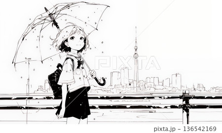 雨の日に傘をさして歩く若い女性（シンプルな色使い）