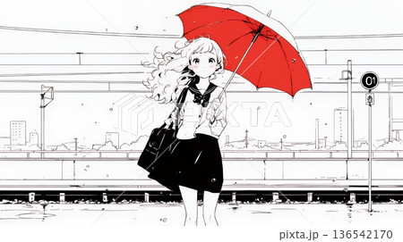 雨の日に傘をさして歩く若い女性（シンプルな色使い）