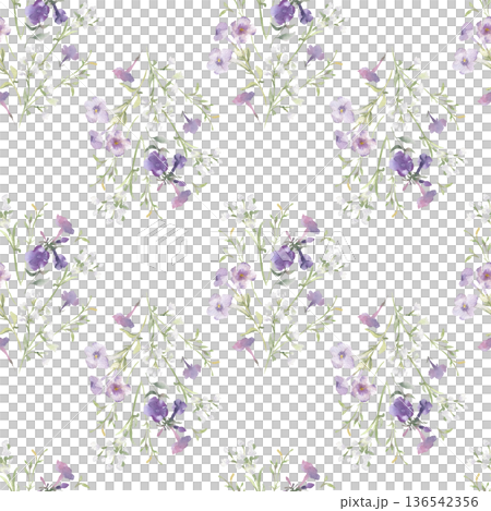 Watercolor pattern of wildflowers and meadow grasses neutral colors isolated white. Seamless background with soft purple and white flora for fabric, packaging, wallpaper. Print for wedding invitation. 136542356