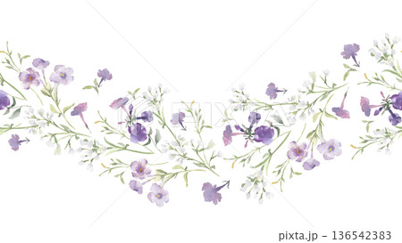 Watercolor seamless border of purple and white wildflowers isolated on white. Botanical floral wavy repeat design for wedding invitation, greeting card. Lilac phlox flowers and herbs hand drawn print. 136542383