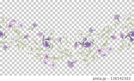 Watercolor seamless border of purple and white wildflowers isolated on white. Botanical floral wavy repeat design for wedding invitation, greeting card. Lilac phlox flowers and herbs hand drawn print. 136542383
