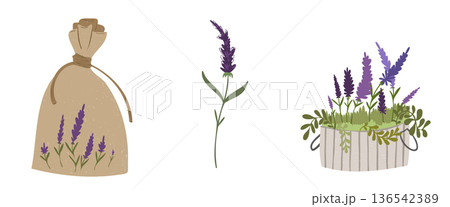 Lavender spa composition with burlap bag, dried flowers and rustic herbal arrangement Lavender spa composition with burlap bag, dried flowers and rustic herbal arrangement 136542389