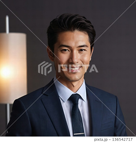グレー背景で、親しみやすい笑顔の自信に満ちたスーツ姿の日本人ビジネスマン グレー背景で、親しみやすい笑顔の自信に満ちたスーツ姿の日本人ビジネスマン 136542717