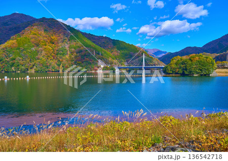 秋の神奈川県山北町の三保ダム歩道から北側の眺望(永歳橋,権現山など) 秋の神奈川県山北町の三保ダム歩道から北側の眺望(永歳橋,権現山など) 136542718