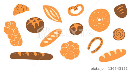 Assorted bakery and pastry set. A collection of bread, rolls, croissants, and other baked goods. Vector illustration. 136543131