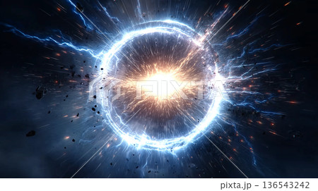 高エネルギー爆発と光輪を描いた幻想的SF背景素材 136543242