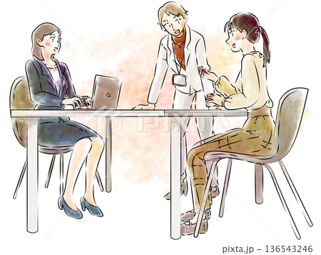 水彩風・女性社員によるビジネス打ち合わせシーンのイラスト 136543246