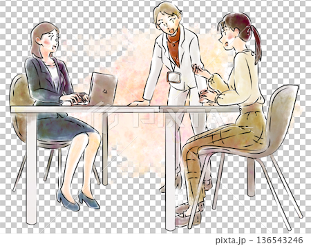Watercolor illustration of a business meeting scene with female employees 136543246
