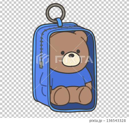 一隻穿著藍色T恤的泰迪熊裝在透明小袋子裡（Nuikatsu）的插圖 136543328