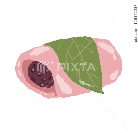 桜の葉で包んだ道明寺風の桜餅イラスト 136543337