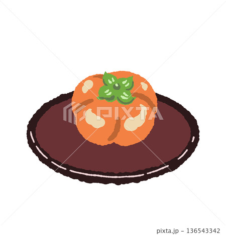 お皿に乗った柿の練り切り（上生菓子）のイラスト 136543342
