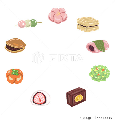 和菓子を円形に並べたリース風フレームイラスト 136543345