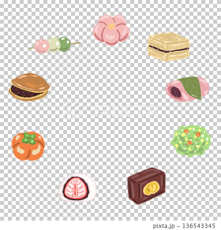 和菓子を円形に並べたリース風フレームイラスト 136543345