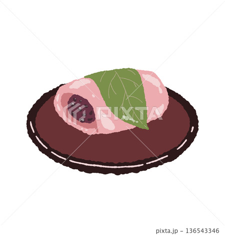 お皿に乗った桜餅（道明寺）のイラスト 136543346