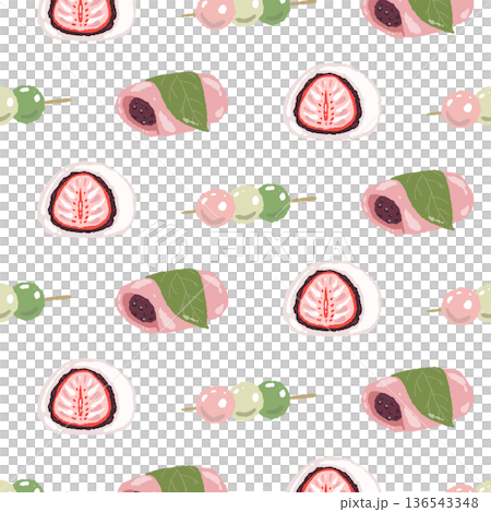 Seamless pattern background of spring-colored Japanese sweets such as sakura mochi and strawberry daifuku 136543348