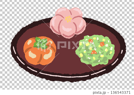 Colorful nerikiri (freshly made confectionery) arranged on a plate 136543371