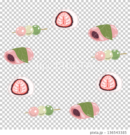 由櫻花麻糬、草莓大福等日式春季甜點串成的圓形花環。 由櫻花麻糬、草莓大福等日式春季甜點串成的圓形花環。 136543385