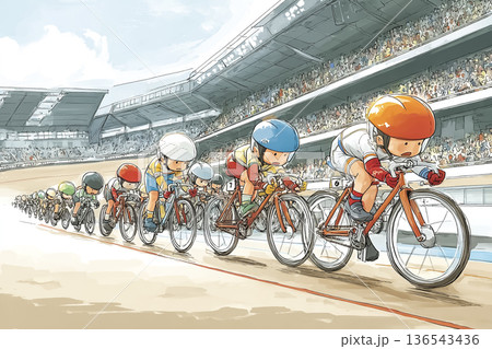 青空の下で疾走する競輪選手の集団レース 136543436