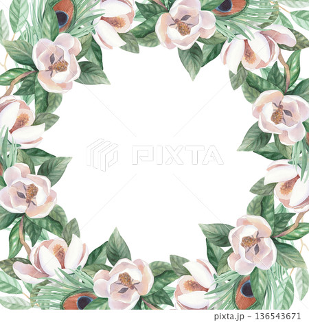 Seamless pattern of peacock feathers, butterfly and branch of blooming magnolia. Handmade watercolor illustration. For cards, cover, wallpaper, prints, product labels and fabric. 136543671
