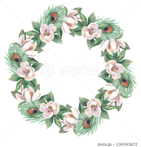 Wreath of peacock feathers and branch of blooming magnolia. Handmade watercolor illustration. For cards, cover, wallpaper, prints, product labels and fabric. 136543672