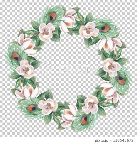 Wreath of peacock feathers and branch of blooming magnolia. Handmade watercolor illustration. For cards, cover, wallpaper, prints, product labels and fabric. 136543672