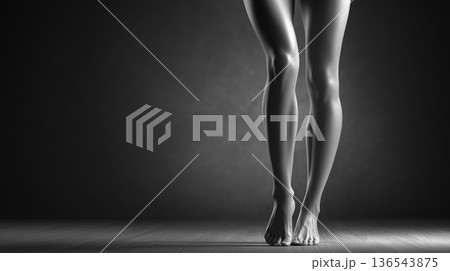 女性の脚 クロス立ち シルエット モノクロ写真 女性の脚 クロス立ち シルエット モノクロ写真 136543875