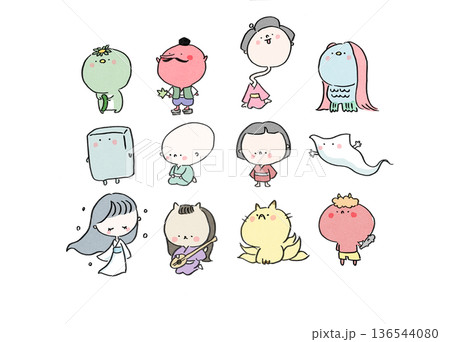 手描き風のゆるかわ日本の妖怪キャラクターセット 136544080