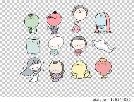 手描き風のゆるかわ日本の妖怪キャラクターセット 136544080