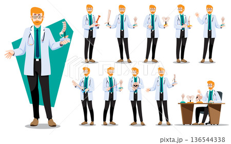 Male orthopedist doctor character set holding anatomy bone models. Flat design vector for orthopedic specialty, medical consultation, bone health education, and clinical services. 136544338