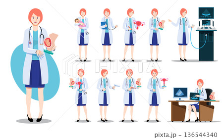 Professional female obstetrician and gynecologist character set. Flat vector illustration includes pregnancy care, newborn baby, and ultrasound poses. Ideal for maternal health, gynecology, and femini 136544340