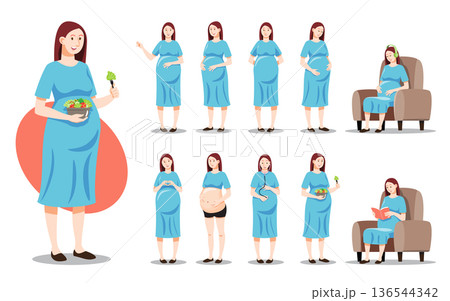 Pregnant woman character set. Flat vector illustration includes pregnancy stages, healthy lifestyle, and prenatal care. Great for maternity, motherhood, and family-related projects. Pregnant woman character set. Flat vector illustration includes pregnancy stages, healthy lifestyle, and prenatal care. Great for maternity, motherhood, and family-related projects. 136544342