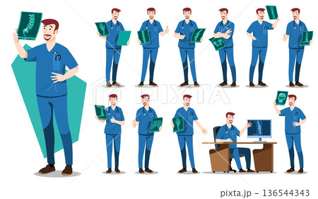 Male orthopedist surgeon doctor in blue scrubs character set. Features various bone X-rays including skull and spine. Ideal for orthopedic clinic, surgery, and radiology department design. 136544343
