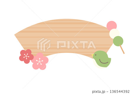 木目の扇形プレートと梅の花とうぐいすと三色団子の春の和風背景ベクターイラスト　 136544392