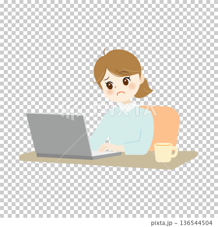 一位神情憂慮的女子站在筆記型電腦前。 136544504