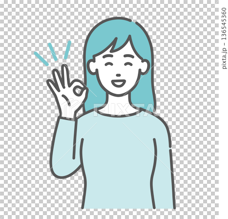 OKサインを出す・賛成する若い女性のイラスト（笑顔・上半身） 136545360