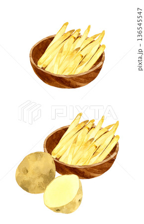 木製の器に盛り付けたフライドポテトのセット　料理・食べ物の手描き水彩イラスト素材 136545547