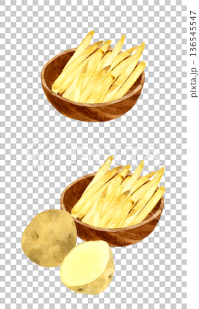 一份盛在木碗裡的炸薯條。手繪水彩食物插畫。 136545547