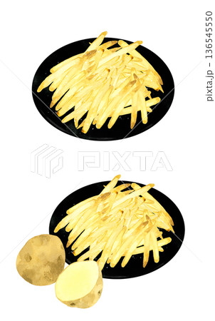 黒色のお皿に盛り付けたフライドポテトのセット　料理・食べ物の手描き水彩イラスト素材 136545550