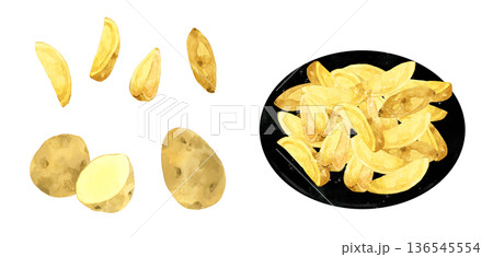 ナチュラルカットの皮付きフライドポテトとじゃがいものセット 料理・食べ物の手描き水彩イラスト素材 ナチュラルカットの皮付きフライドポテトとじゃがいものセット 料理・食べ物の手描き水彩イラスト素材 136545554