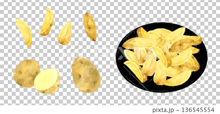 一套帶皮的天然切薯條。手繪水彩插圖，描繪了烹飪和食物的場景。 136545554