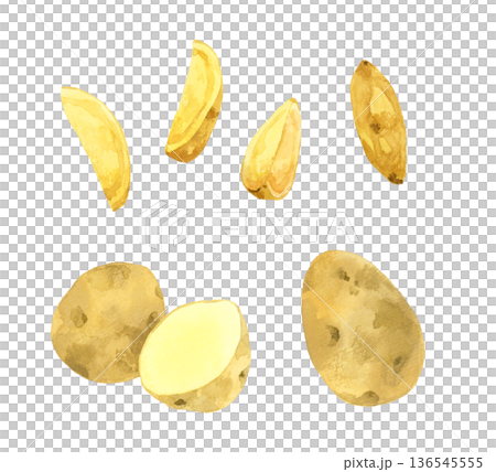 一套帶皮的天然切薯條。手繪水彩插圖，描繪了烹飪和食物的場景。 136545555