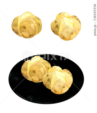 じゃがバターのセット　料理・食べ物の手描き水彩イラスト素材 136545556