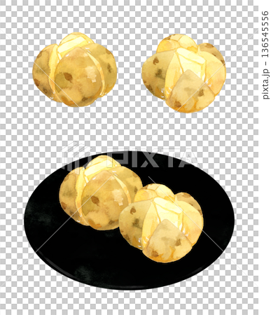 じゃがバターのセット　料理・食べ物の手描き水彩イラスト素材 136545556