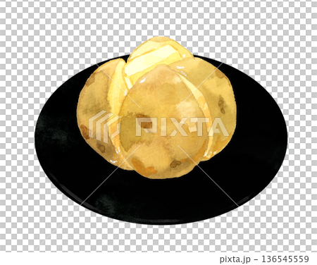 黑色盤子上放著馬鈴薯泥。手繪水彩插圖，描繪了食物和烹飪場景。 136545559