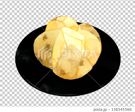 黑色盤子上放著馬鈴薯泥。手繪水彩插圖，描繪了食物和烹飪場景。 136545560